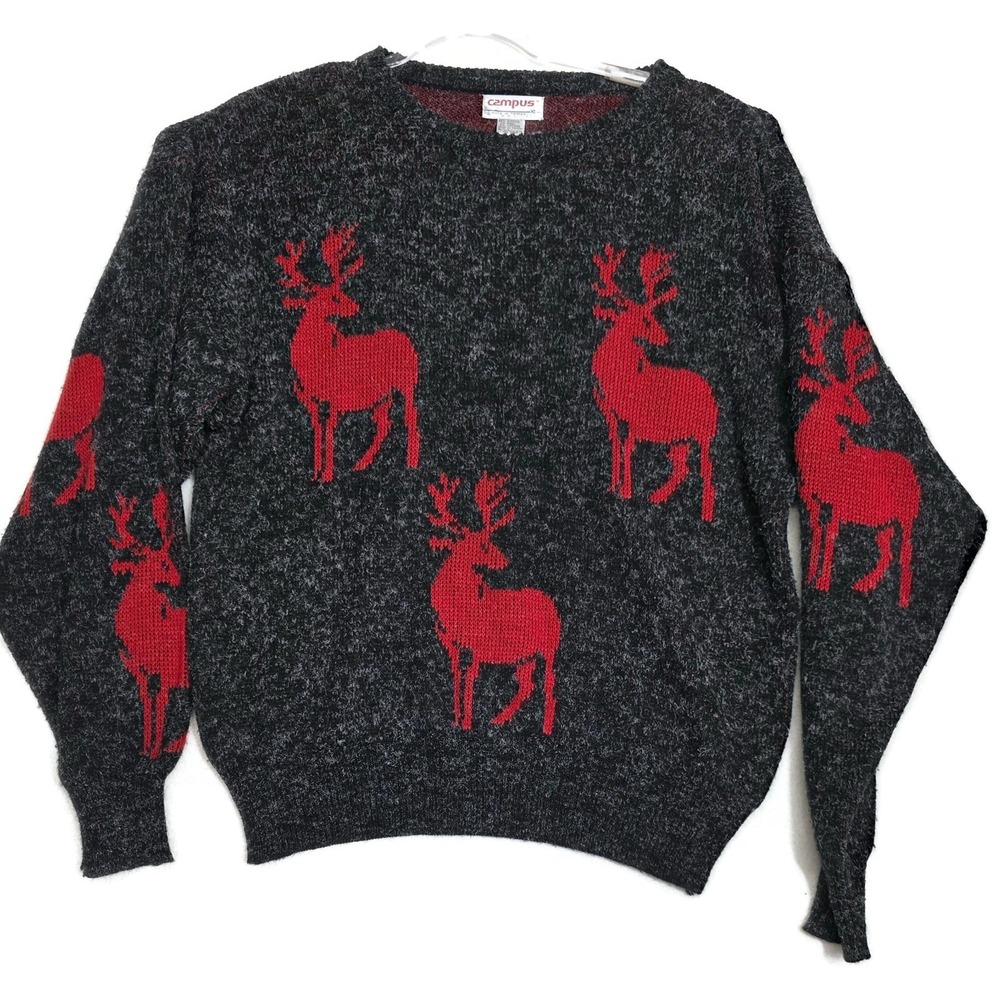 Vintage Campus Sweater Mens XL Gray Red Deer Reindeer Knit Christmas Allover 80s